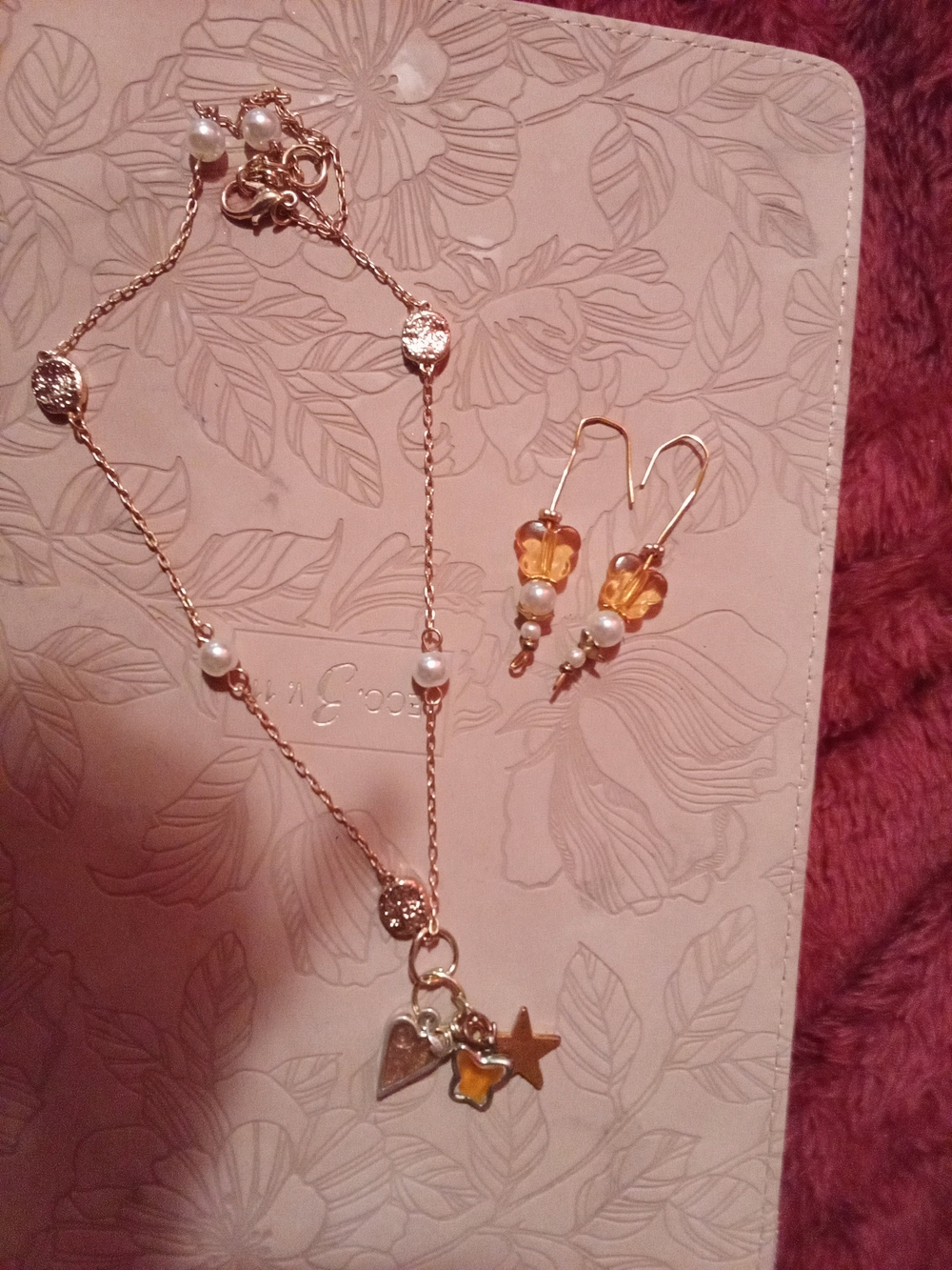 Gold-Tone Heart & Star Charm Necklace with Pearl Accents in Gold
